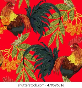   expressive decorative seamless pattern with cocks - a symbol of New Year 2017. fiery red rooster of the Chinese calendar. background for textile printing.