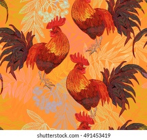  expressive decorative seamless pattern with cocks - a symbol of New Year 2017. fiery red rooster of the Chinese calendar. background for textile printing.