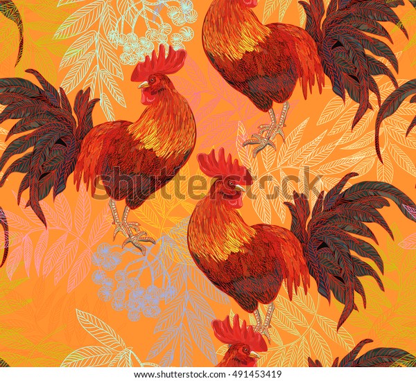 Expressive Decorative Seamless Pattern Cocks Symbol Stock Vector