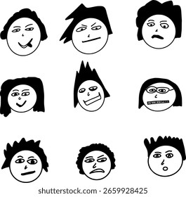 Expressive Doodle Face Icon Set. Hand-Drawn Cartoon Face