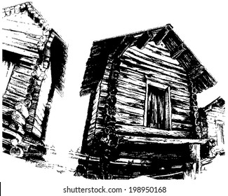 expressive drawing of old rustic log home