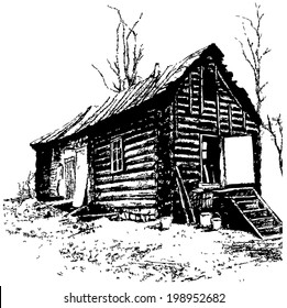 expressive drawing of old rustic log home