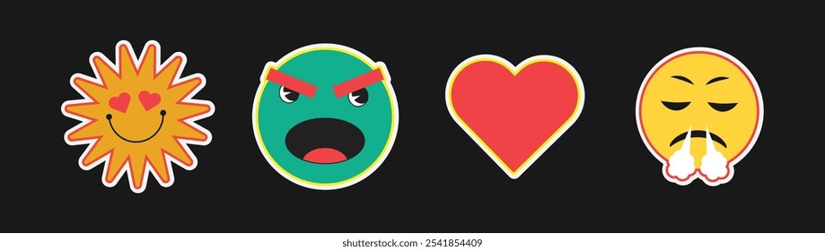 Expressive Emoji Sticker Vector Set with Happy Sun, Angry Face, Heart, and Frustrated Expression Perfect for Fun Digital Communication

