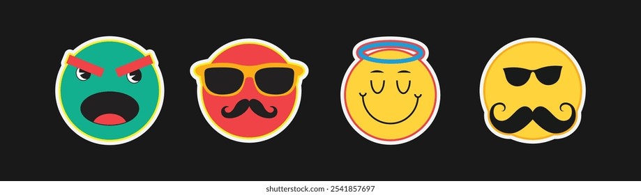 Vetor de adesivo de Emoji expressivo definido com rosto irritado, bigode fresco, sorriso halo e óculos escuros perfeito para a comunicação digital divertida

