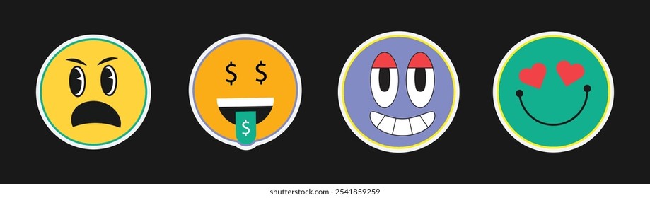 Conjunto de Vector expresivo de la etiqueta engomada del emoji con la cara impactada, la lengua del dinero, la sonrisa traviesa y los ojos del amor perfecto para las reacciones digitales y las charlas

