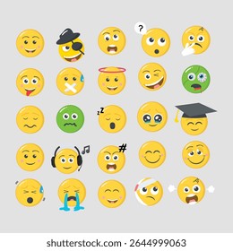 Expressive Emoticon Vector Collection. A diverse set of yellow emoji faces showcasing various human emotions and expressions