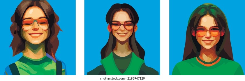 Expressive emotions of a young beautiful girl. Bright color set flat design