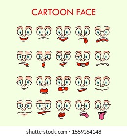 Expressive eyes and mouth, smiling, crying and surprised character cartoon face expressions. Good for caricature comic emotions, advertising, website, or emoticon doodle.