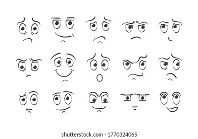 Expressive eyes and mouth, smiling, crying and surprised character face expressions. Set of cartoon face emotions on white background. Different facial expressions in doodle style. Vector illustration