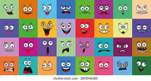 Ojos y boca expresivos, sonrientes, llorosos y sorprendentes expresiones de la cara del personaje Emoji de dibujos animados conjunto Vector Premium