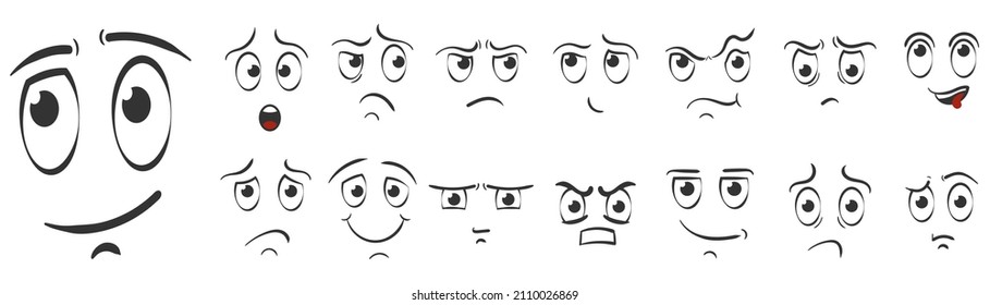 Expressive eyes and mouth, smiling, crying and surprised character face expressions. Colored emotions collection. Emoticon comic avatar set. Cartoon face expression. Hand drawn doodle style. Vector.