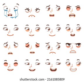 Expressive eyes and mouth, smiling, crying and surprised facial expression of the character. Cartoon style.
