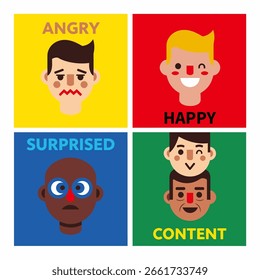Rostos expressivos transmitem raiva, felicidade, surpresa e contentamento em cores arrojadas vibrantes