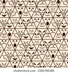 Expressive faces pattern in triangles, abstract design in brown and beige tones