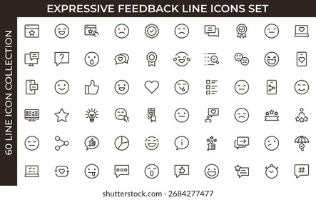 Comentarios expresivo e ícono de calificación con burbujas, estrellas, corazones, insignias y símbolos de revisión para el diseño digital. Paquete de iconos de contorno delgado. Ilustración vectorial