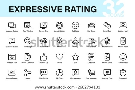 Expressive feedback and rating icon set with bubbles, stars, hearts, badges, and review symbols for digital design, UI, and communication apps