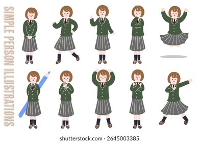 Expressive female junior and senior high school student character full body pose set