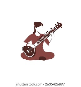 Expressive Female Sitarist Playing Melodic Sitar Raga on Bright White Studio Setting