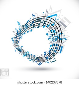 Expressive groove concept. Blue music background with clef and notes, music sheet in rounded frame, musical theme template for your design.