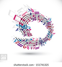 Expressive groove concept. Pink and violet music background with clef and notes, music sheet in rounded frame, musical theme template for your design.
