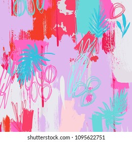 Expressive Hand Drawn Texture with Palm Leaves for Surface ,Invitation, Notebook, Banner, Wrap Paper ,Textiles, Cover, Magazine , Postcard Background ,Textile ,Wallpaper, Fashion , Phone Cover 