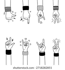 expressive hand gesture icons set with wristbands for rock and peace