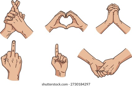 Ilustración vectorial de gestos expresivos de la mano con signos emocionales, apoyo, ofensivo, oración, amor, apretón de manos, comunicación simbólica