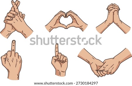 Expressive hand gestures vector illustration with emotional signs, supportive, offensive, prayer, love, handshake, symbolic communication