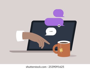 An expressive hand interacts with a laptop, sending messages amidst playful chat bubbles, accompanied by a warm cup of tea, creating a vibrant digital atmosphere