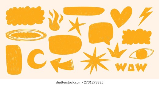 Expressive, hand-drawn, accent doodle shapes with a pencil texture in warm yellow tones. Modern doodle shapes: stars, ogren, clouds, moons, speech bubbles, zigzags, and other primitive elements. Color