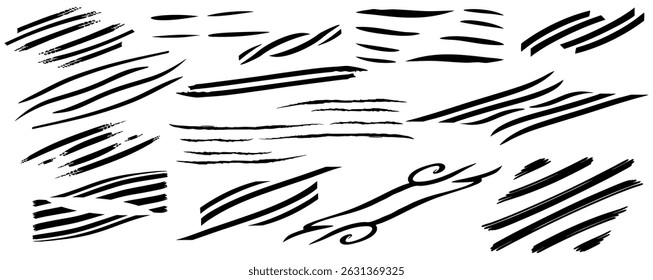Expressive Hand-Drawn Brush Stroke Line Set – Abstract Ink Stroke Elements for Graphic Design, Calligraphy, and Artistic Texture Projects