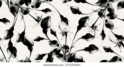 Padrão de rosa sem costura desenhado à mão expressivo. Fundo abstrato de pincelada grunge. Gráficos de grafite botânicos contemporâneos. Decoração de natureza exótica. Ilustração vetorial.