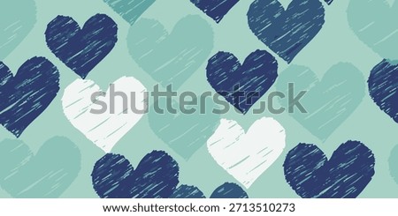 Expressive and heartwarming seamless pattern featuring a charming array of hand-sketched hearts in serene blue and crisp white tones, evoking feelings of love and affection