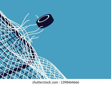 Expressive ice hockey sport themed background with puck blowing through goal net. Ideal for hockey competition, game or tournament events banners, flyers and posters