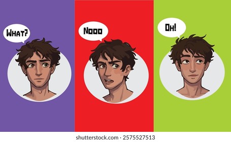 An expressive illustration of a character showing three emotions: confusion, shock, and realization. With vibrant backgrounds and a comic-style design, it's perfect for storytelling or social media.