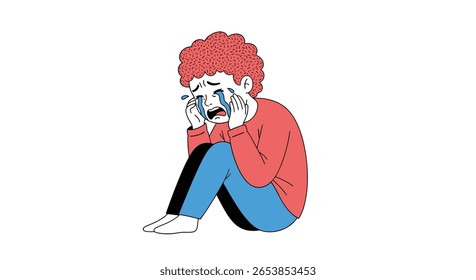 Ilustração expressiva retratando profunda tristeza e angústia emocional com uma pessoa chorando incontrolavelmente e segurando a cabeça em desespero