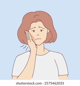 An expressive illustration of a woman suffering from a toothache, with visible swelling on her cheek. Ideal for dental health awareness and campaigns