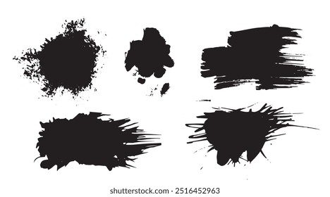 Expressive ink blots and stains, grunge vector texture. Brush paint splatter and rough distressed texture isolated.