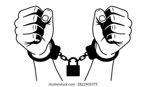 Expressive ink illustration of restrained hands and metal chains.