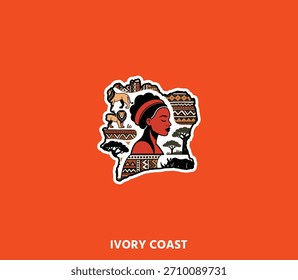 An expressive Ivory Coast sticker featuring cultural symbolism and vibrant tribal motifs—great for travel branding, prints, and ethnic art projects.	