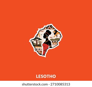 Ein ausdrucksstarker Lesotho-Kartenaufkleber mit afrikanischen Stammesmustern und kulturellen Motiven - ideal für Reisemarken, Souvenirs, Merchandise und kreatives Design.	