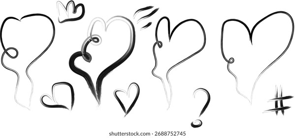 Ilustración expresiva de arte lineal con diversos corazones y signos de interrogación