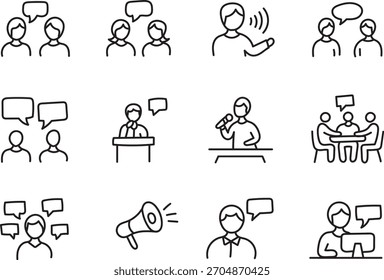 Ícones de comunicação por linha expressiva definidos para conceitos de mensagem de diálogo, fala e reuniões