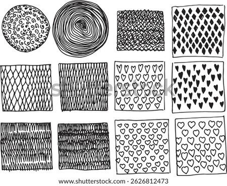Expressive Linear drawing doodle graphic clip art waves strokes wood texture spikes abstract pattern sketch brush marks square rectangle with abstract texture hand-drawn pen art Trendy monochrome ink	