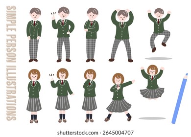 Expressive male and female junior and senior high school student character full body pose set