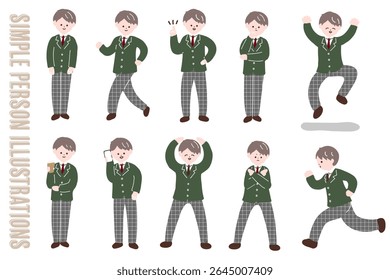 Expressive male junior and senior high school student character full body pose set