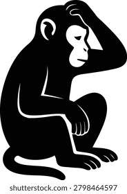 A expressive monkey silhouette in solid black, captured in a worried pose with one hand on its head and a downcast expression