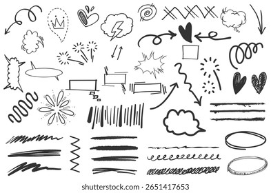 Conjunto de doodle monocromático expressivo com vários acentos visuais, como exclamações, setas curvas, corações e linhas abstratas para tomada de notas, gráficos ou design cômico.
