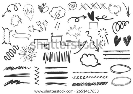 Expressive monochrome doodle set with various visual accents such as exclamations, curved arrows, hearts, and abstract lines for note taking, graphics, or comic design.