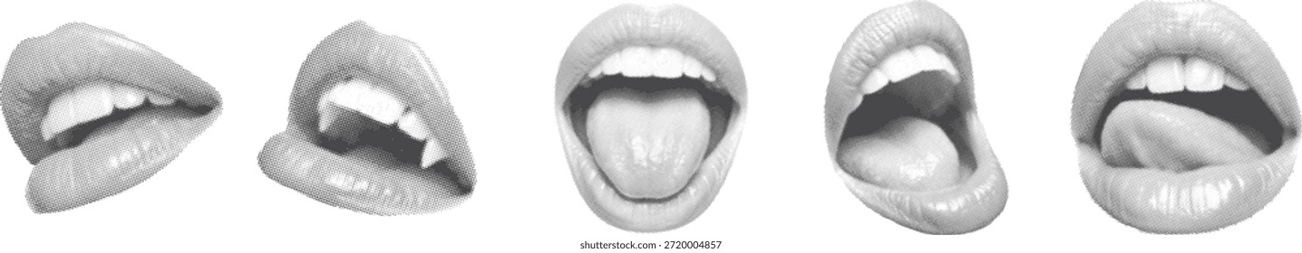 Gesto expresivo de boca y labios en un estilo realista. Bocas abiertas que muestran lengua, dientes y emoción para los conceptos de comunicación. Elementos visuales ideales para el habla, las emociones, el arte pop y los proyectos de diseño creativo.
